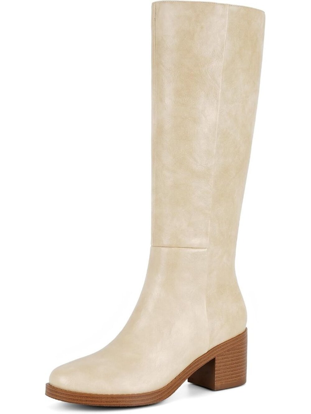 Women's Retro Cream Knee High Boots Chunky Low Block Heel Round Toe Boots